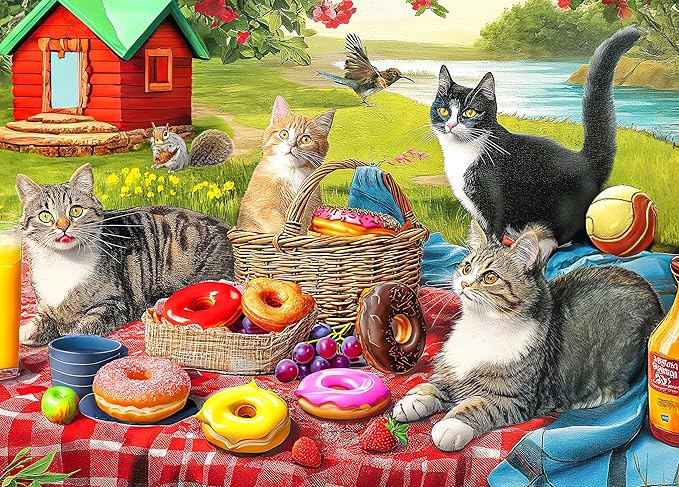 300 Piece Puzzles for Adults - Large Piece Jigsaw Puzzles for Kids Seniors - Picnic Kittens and Donut